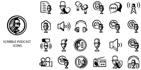 Scribble Podcast simple concept 24 hand drawn Black  and White color icons set .Vector illustration.	