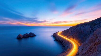 Fototapeta premium A stunning image of a coastal highway winding along the sea during twilight, showcasing the beauty of nature and the mesmerizing light of sunset reflected on the water.
