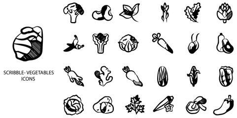 Scribble Vegetable simple concept 24 hand drawn Black  and White color icons set .Vector illustration.	
