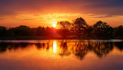 Obraz premium serene sunset transition over tranquil lake with vibrant reflection