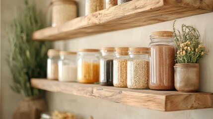 A beautifully arranged kitchen shelf displays various glass jars filled with spices, grains, and herbs, highlighting both style and functionality in modern kitchen design.