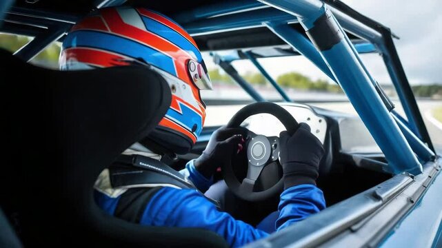 Race car driver focused on the track, inside a high-speed racing vehicle.
