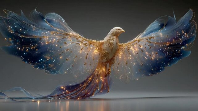 Enchanting phoenix with golden details and glowing lights, a magical fantasy creature