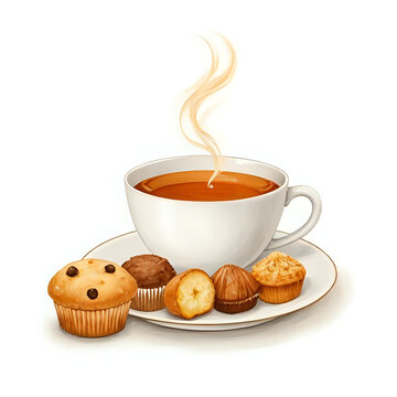 a cup of tea and mufin cookies on the side