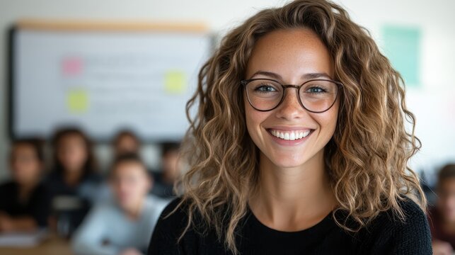 This joyful portrait of a smiling woman with glasses captures an inspiring moment in a classroom, reflecting positivity and enthusiasm for learning and engagement with students.