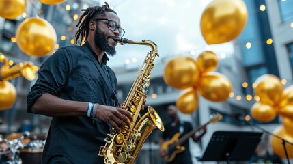 An engaging outdoor live music performance featuring a talented saxophonist playing passionately amidst balloons and a festive atmosphere, capturing the essence of joy.