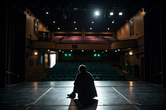 A sad stage performer sitting in empty theater 