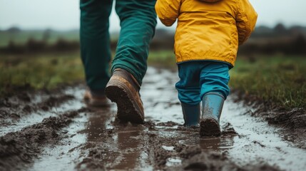 A touching scene of a child in yellow raincoat walking alongside an adult on a muddy path, emphasizing nature, companionship, and the joy of outdoor exploration.