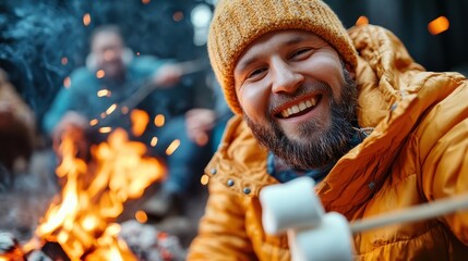 A cheerful man in a bright yellow jacket smiles warmly while roasting marshmallows over a campfire, surrounded by friends creating a joyful outdoor atmosphere.