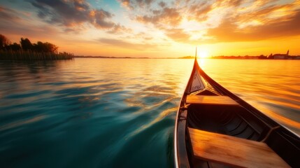 A picturesque view of a gondola gliding across tranquil waters during a vibrant sunset, capturing the serene beauty of nature and the romance of travel.