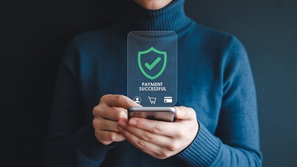 Hands holding smartphone displaying successful payment confirmation dark blue turtleneck