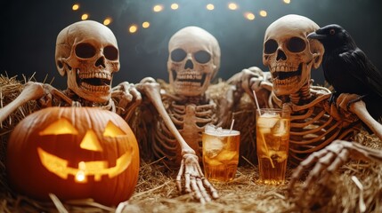 Three cheerful skeletons gather around a carved pumpkin, embodying the playful spirit of Halloween while sipping drinks, radiating fun, and creating a lighthearted atmosphere full of festivity.