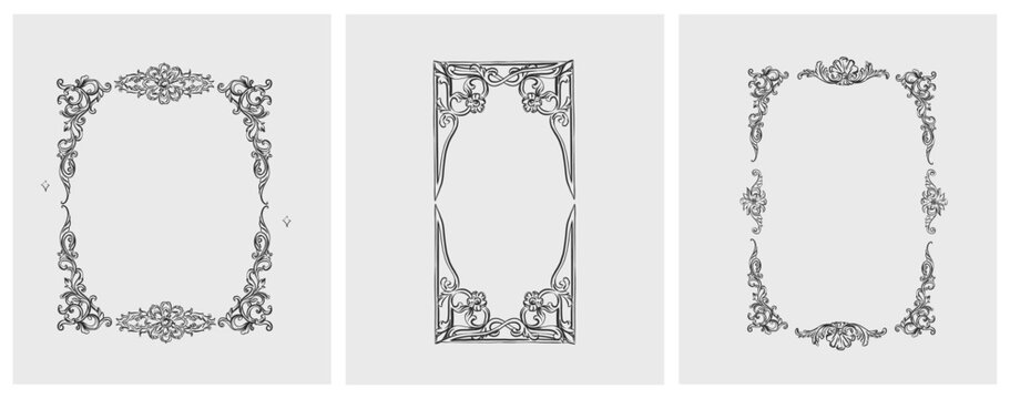 Hand drawn vector abstract outline,graphic,line vintage baroque ornament floral frame in calligraphic elegant modern style.Baroque floral vintage outline design concept.Vector antique frame isolated.