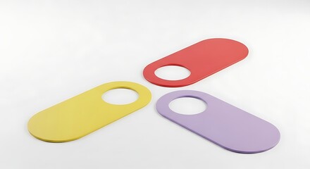 A trio of colorful door hanger tags on a clean white backdrop creating minimal art