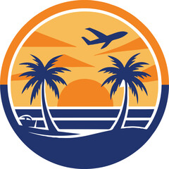 Tropical island beach vacation with palm trees and a vibrant sunset over the ocean