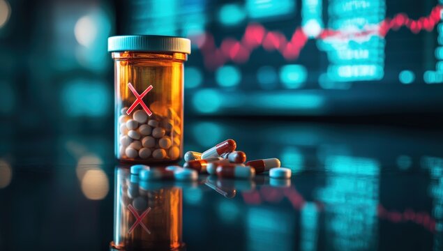 Medicine bottle with pills on a reflective surface, blurred background of financial data
