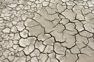 Cracked Earth Surface with Gray Texture and Dry Mud, Desert Landscape
