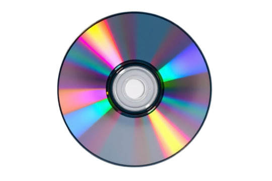 A vibrant CD disc displayed against a black background showcasing its colorful reflective surface.
