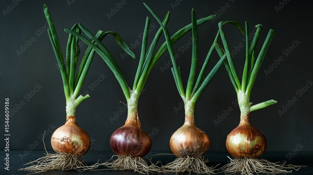 Poster four sprouting onions with roots on dark background.