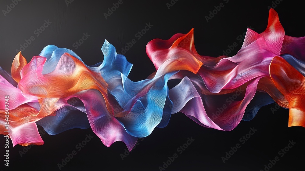 Poster abstract colorful flowing fabric waves on black background.
