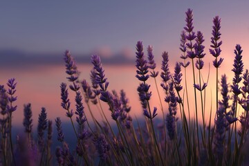 Fototapeta premium Lavender blossoms sway gently in the warm evening light beneath a gradient sky