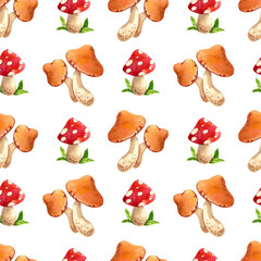 Seamless pattern with autumn leaves, berries and mushrooms on a white background. Hand drawn watercolor illustration of plants for your design, print, textile