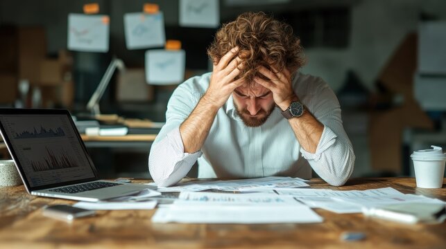 A businessman with disheveled hair is overwhelmed by papers on his desk, holding his head in frustration, representing the burdens of work and the pressure to succeed.