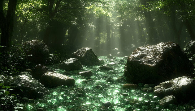 Sunlight filters through a lush, green forest onto rocks in a shallow, flowing creek