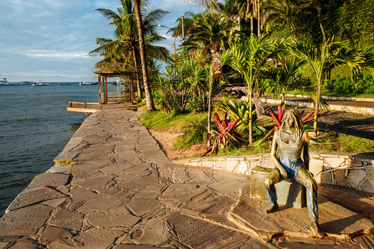 Buzios Front Beach, or Orla Bardot, a beautiful sidewalk for pedrestrians with a fashion stores and restaurants, on the Canto Beach,  Buzios, Brazil, Jan 2022