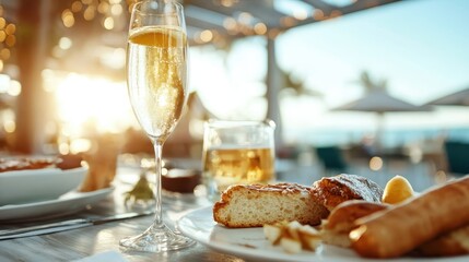 An elegant brunch table showcases drinks and assorted pastries against a scenic seaside backdrop, epitomizing leisure and luxury in a warm sunlight ambiance.