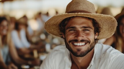 A joyful man with a big smile and straw hat captures the essence of happiness at a sunny outdoor gathering, radiating positive vibes amidst friends and family.