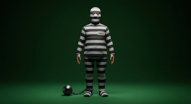 Prisoner in a striped uniform with a ball and chain against a green background