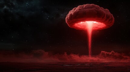 A striking image depicting an ominous red mushroom cloud rising into the dark, starry sky, representing the forces of nature and the intensity of catastrophic events.