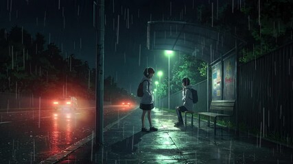 Two Girls Conversing at a Rainy Night Bus Stop - Powered by Adobe