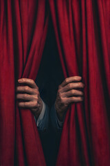 Typical theater poster with an elegant red curtain and a stage. A perfect image for theatrical projects highlighting the historical and moving atmosphere. 