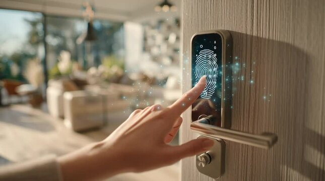 Smart Door Security: A high-tech smart door lock provides home security with fingerprint recognition and digital access for peace of mind. The door, featuring a metallic handle.