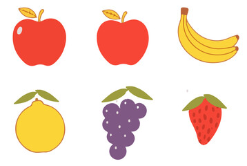Illustration of six fruits: two red apples, a bunch of bananas, a lemon, a cluster of grapes, and a strawberry on a white background.