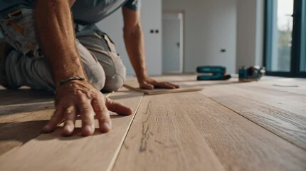 Hardwood Floor Installation: A close-up shot focuses on a carpenter's hands meticulously installing light brown hardwood flooring. The image emphasizes detail and craftsmanship. - Powered by Adobe