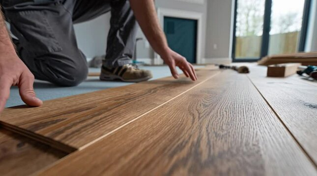 Flooring Installation: A professional installer meticulously aligns wooden flooring planks, highlighting precision and the art of interior craftsmanship in the creation of a new foundation.