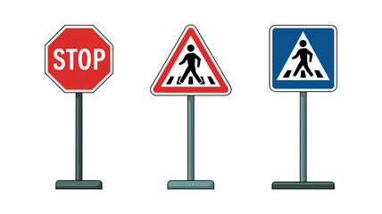 Set of vector traffic signs including stop, pedestrian warning, and information signs