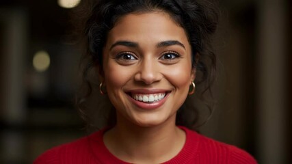 A joyful Hispanic woman is smiling warmly in a relaxed indoor environment, radiating happiness and positivity
