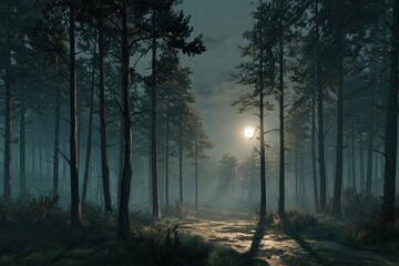 Fototapeta premium Moonlit forest clearing reveals tall pines and serene beauty during a calm night under the stars