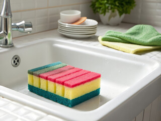 Colorful Kitchen Dish Sponge on White Sink Edge