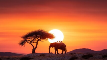 Fototapeta premium An awe-inspiring silhouette of an elephant standing under a tree against a breathtaking sunset backdrop, illustrating the majesty of wildlife and the beauty of nature's landscapes.