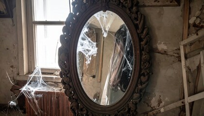 Fototapeta premium Reflective Mirror Surrounded by Cobwebs in an Abandoned Room with Natural Light Filtering Through