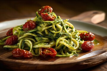 Zucchini noodles topped with fresh pesto and sun dried tomatoes on a rustic wooden plate