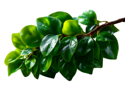 Diagonal branch of small round ficus leaves, spaced cleanly with sharp edges for accurate clipping path, on white, isolated to transparent background