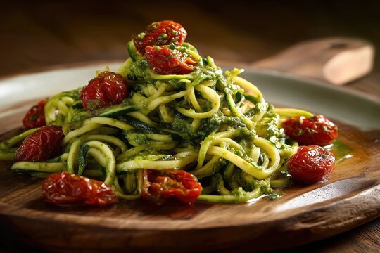 Zucchini noodles topped with fresh pesto and sun dried tomatoes on a rustic wooden plate - Powered by Adobe