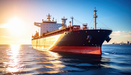 Large cargo ship sailing in ocean during sunset under clear skies with vibrant colors and calm waters