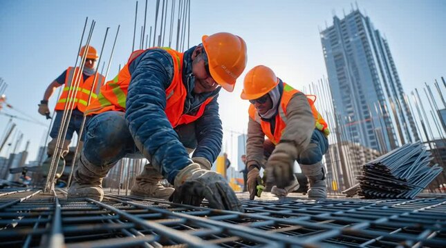 Construction Workers Teamwork: Diligent construction workers collaborate on a high-rise building project, meticulously laying rebar for a strong foundation. Their teamwork and dedication are evident.